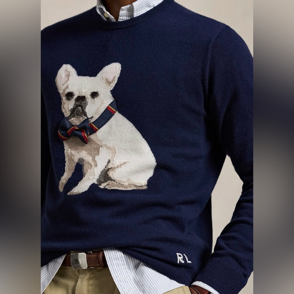 Polo Ralph Lauren Dog-Intarsia Cashmere Sweater Frenchie French Bulldog Navy XXL - Picture 5 of 9